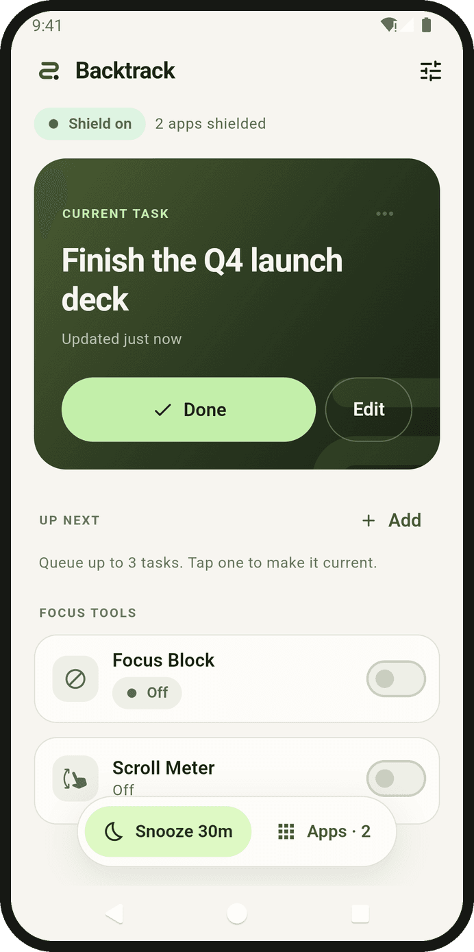Backtrack home screen showing the current task and shield status